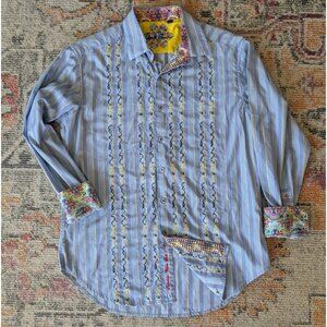 Robert Graham Shirt Mens M Blue & Yellow Embroidered Flip Cuff Button-Up Cotton